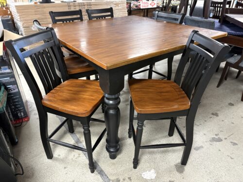 Rustic Two Tone Extension Table w/ 6 Slat Back Counter Stools