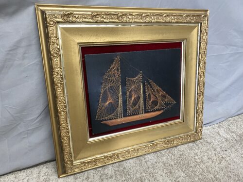 Vintage Mid-Century Framed Copper Wire & Nail String Sailboat Art