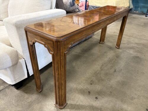 DREXEL HERITAGE Vintage Walnut Burl Console Table with Carved Wood Details