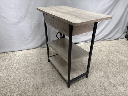 Light Grey Industrial Flip Top Side Table w/ Power Strip