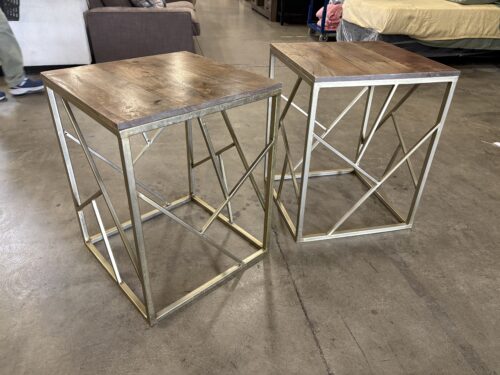 Rustic Modern Alvaro Side Tables with Geometric Brass Base (Set of 2)