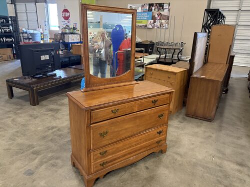 Vintage Maple Finished 3 Drawer Dresser with Mirror and Decorative Swing Pulls