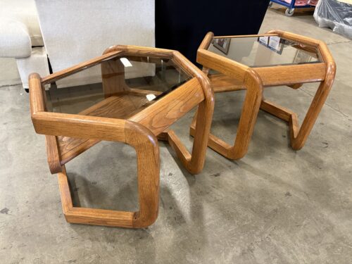 LOU HODGES FOR MERSMAN Vintage Mid-Century Modern Sculptural Solid Oak Hexagonal Accent Table with Smoked Glass Top (Set of 2)