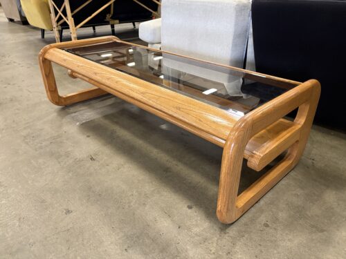 LOU HODGES FOR MERSMAN Vintage Mid-Century Modern Sculptural Solid Oak Cantaliever Coffee Table with Smoked Glass Top