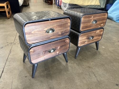 Industrial Style Metal Nightstands with Wooden Drawer Fronts (Set of 2)