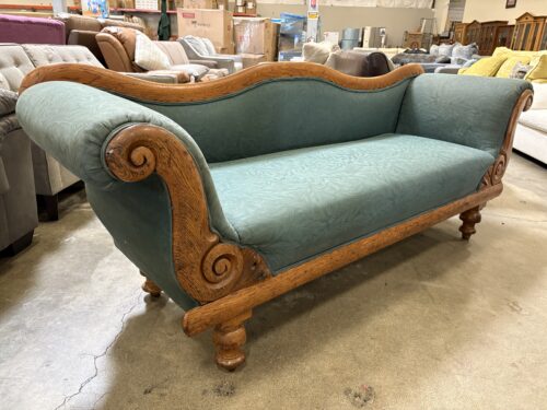 Vintage American Empire Style Wood Framed Settee with Scrolled Arms and Teal Damask Upholstery