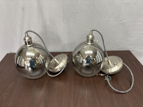 Brushed Nickel Cylinder Pendant Light w/ Smokey Bubble Glass Shade (Set of 2)
