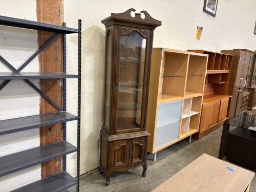 BARKER'S Vintage Provincial Style Walnut Finish Curio Cabinet with Carved Floral Details and Cabriole Legs