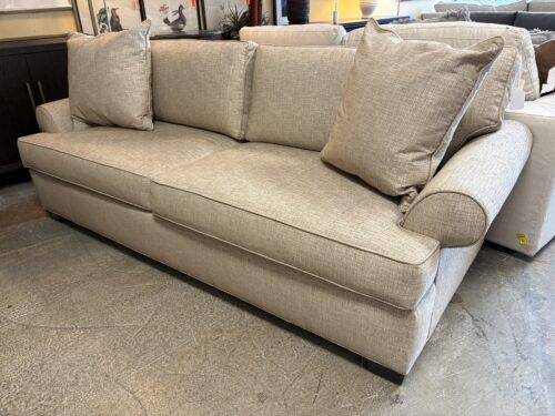 ETHAN ALLEN Burlap Feather Filled Roll Arm Sofa w/ Accent Pillows