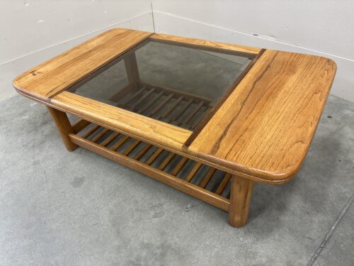 Vintage Wooden Made in Mexico Coffee Table with Slatted Base and Smoked Glass Insert Top