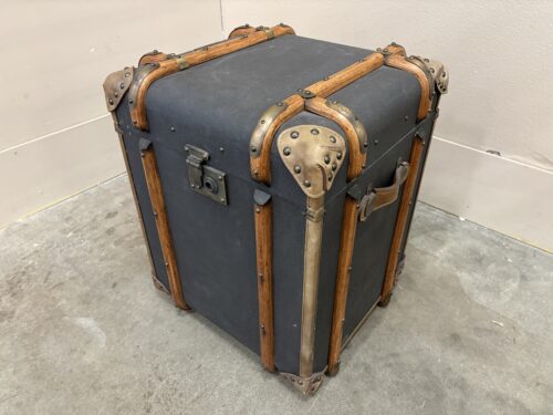 RESTORATION HARDWARE Safari Style "Richard" Travel Trunk Side Table with Leather Handles and Wooden Accents