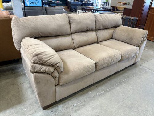 Light Brown Plush 3 Seat Sofa with Cushioned Arms
