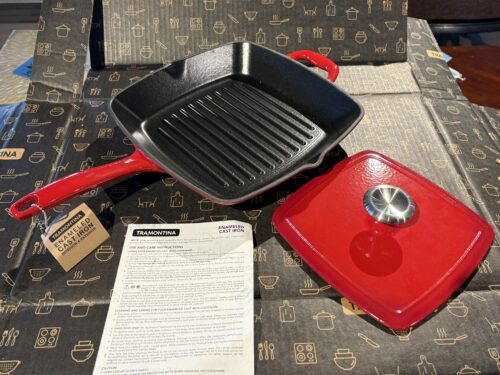 NEW! TRAMONTINA Bestow 11" Enamel Cast-Iron Grill Pan w/ Press - Gradated Red Model # 80131/059DS