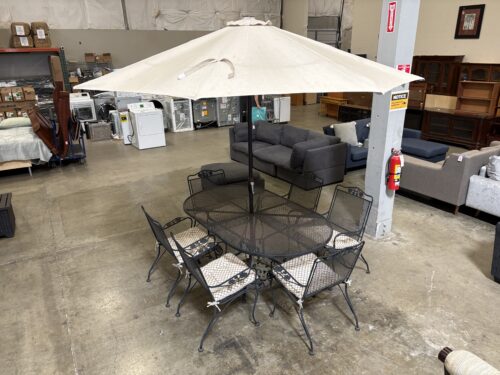 Black Floral Wrought Iron Garden Party Dining Set with Beige Umbrella and 6 Chairs (Set of 8)