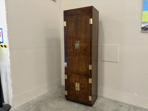 HENREDON Vintage 70's Campaign Style Wooden Armoire with Brass Flush Drop Pulls