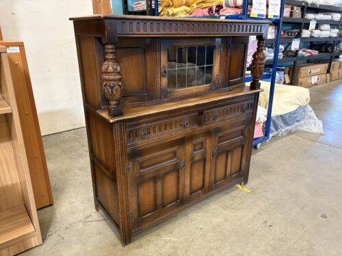 Antique Ornately Carved Wooden Buffet and Hutch with Leaded Glass Door