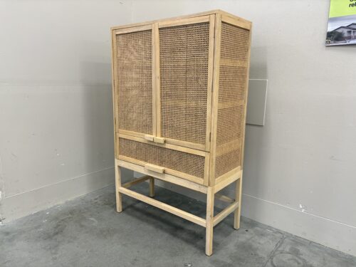 Natural Finish Cane and Light Wood Freestanding Storage Cabinet