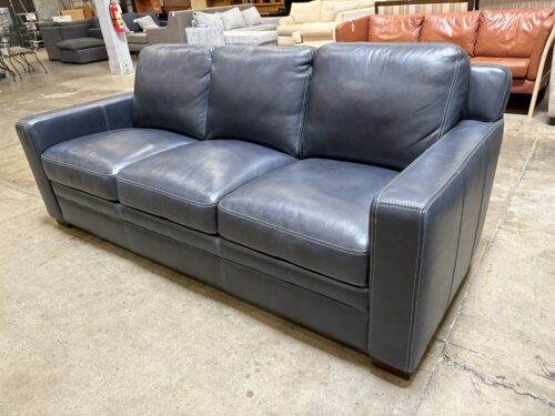 Mightnight Blue Leather Square Arm 3 Seat Sofa with Contrast Stitching