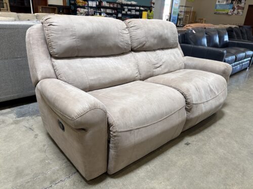 Taupe Suede-Like Dual Manually Reclining Sofa with Decorative Stitching