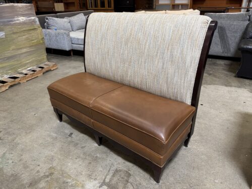 SWAIM Heathered Beige Banquette Bench with Brown Leather Split-Cushion Seat and Wooden Frame