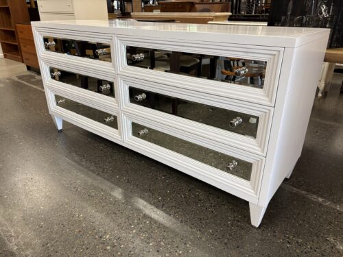 White Mirrored Front 6-Drawer Lowboy Dresser