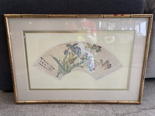 " April Blossoms & Iris" Vintage Bamboo Framed Chinese Floral Fan Leaf Painting by Chang