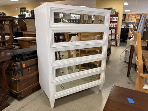 White Mirrored Front 5-Drawer Tallboy Dresser