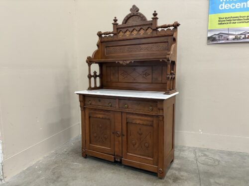 Antique Eastlake Style Marble Top Sideboard with Ornately Carved Hutch