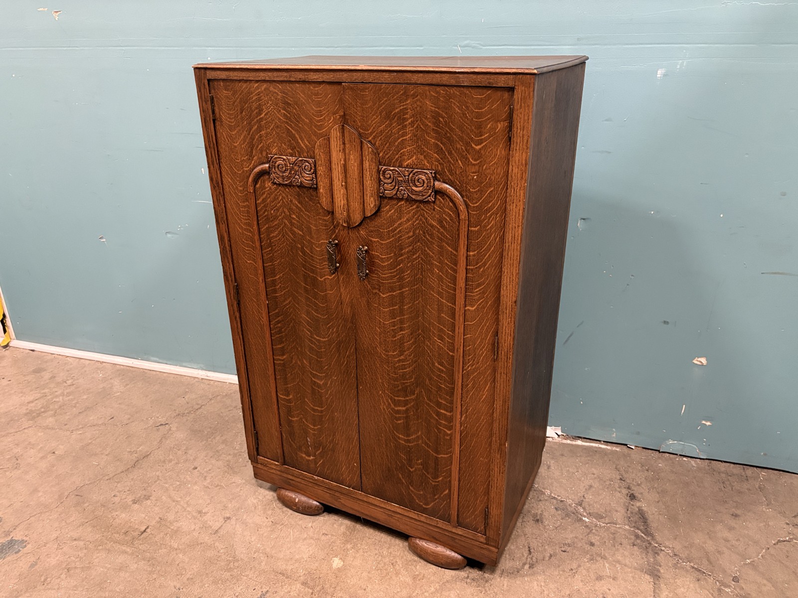 C. W. S LTD. Vintage Art Deco Style Compact Wardrobe with Carved Accents