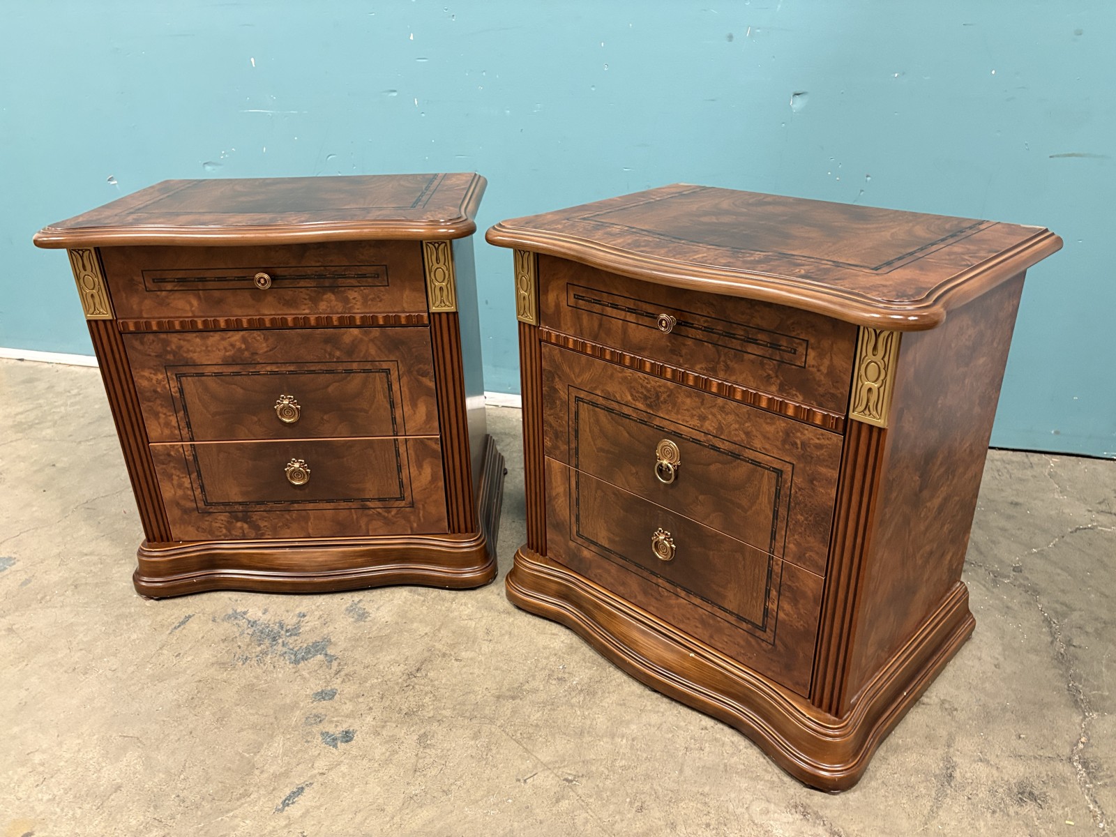 Wooden Made in Italy Nightstand with Burl Wood Facade and Brass Accents (Set of 2)