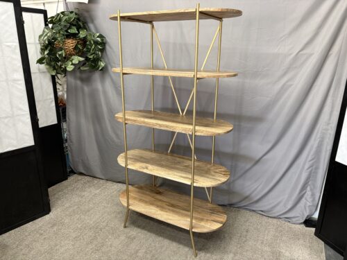 Modern Natural Wood & Brass Rounded 5-Tier Display Shelf