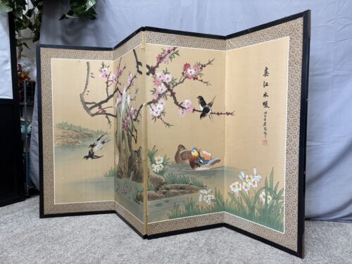 Vintage Chinese Watercolor Cherry Blossom Scene Folding Screen