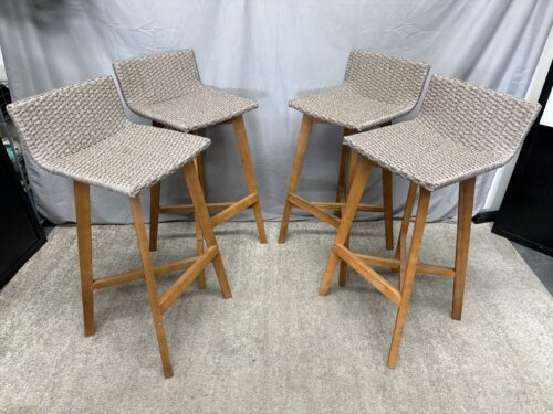 Light Grey Wicker & Acacia Outdoor Bar Stool (Set of 4)