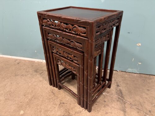 Antique Dark Finished Made in Hong Kong Nesting Tables with Carved Leaf and Vine Motif (Set of 4)