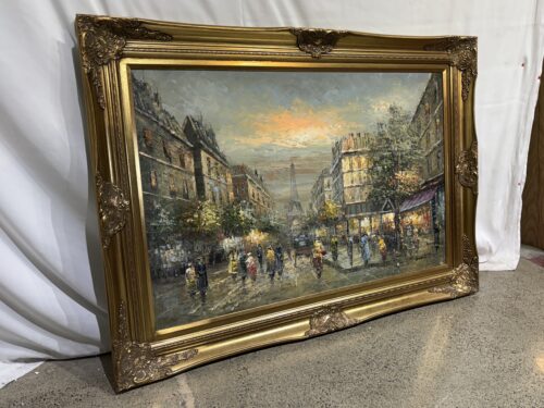 Parisian Street Original Oil Painting in Ornate Gold Frame