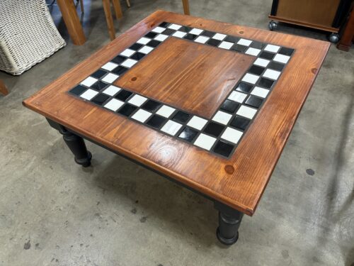 Vintage Square Solid Wood Coffee Table with Checkered Tile Inlay