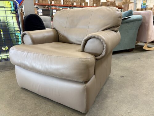 ASHLEY Vintage Taupe Leather Accent Chair with Bolster Armrest and Contrast Stitching