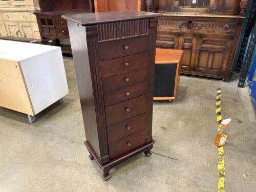 Dark Wood Finish 7 Drawer Jewelry Cabinet with Side Swing Conpartments