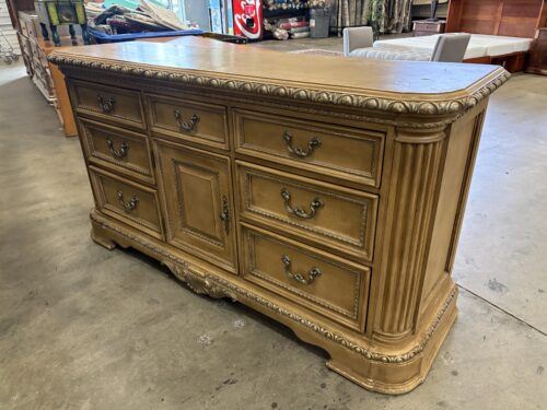 AMERICAN DREW Vintage Warm Wood Finished Ornate Carved 9 Drawer Dresser with Decorative Bronze Swing Pulls