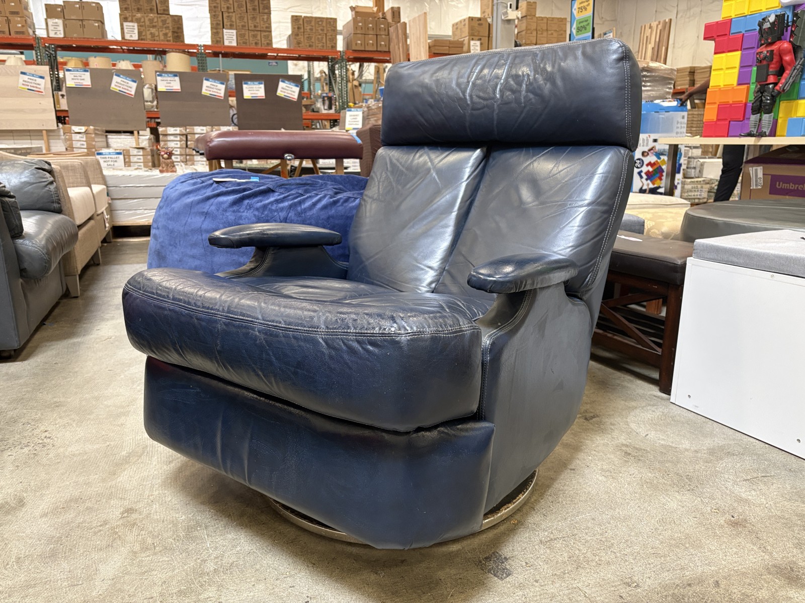 Vintage Navy Blue Leather Recliner with Chrome Lever and Base