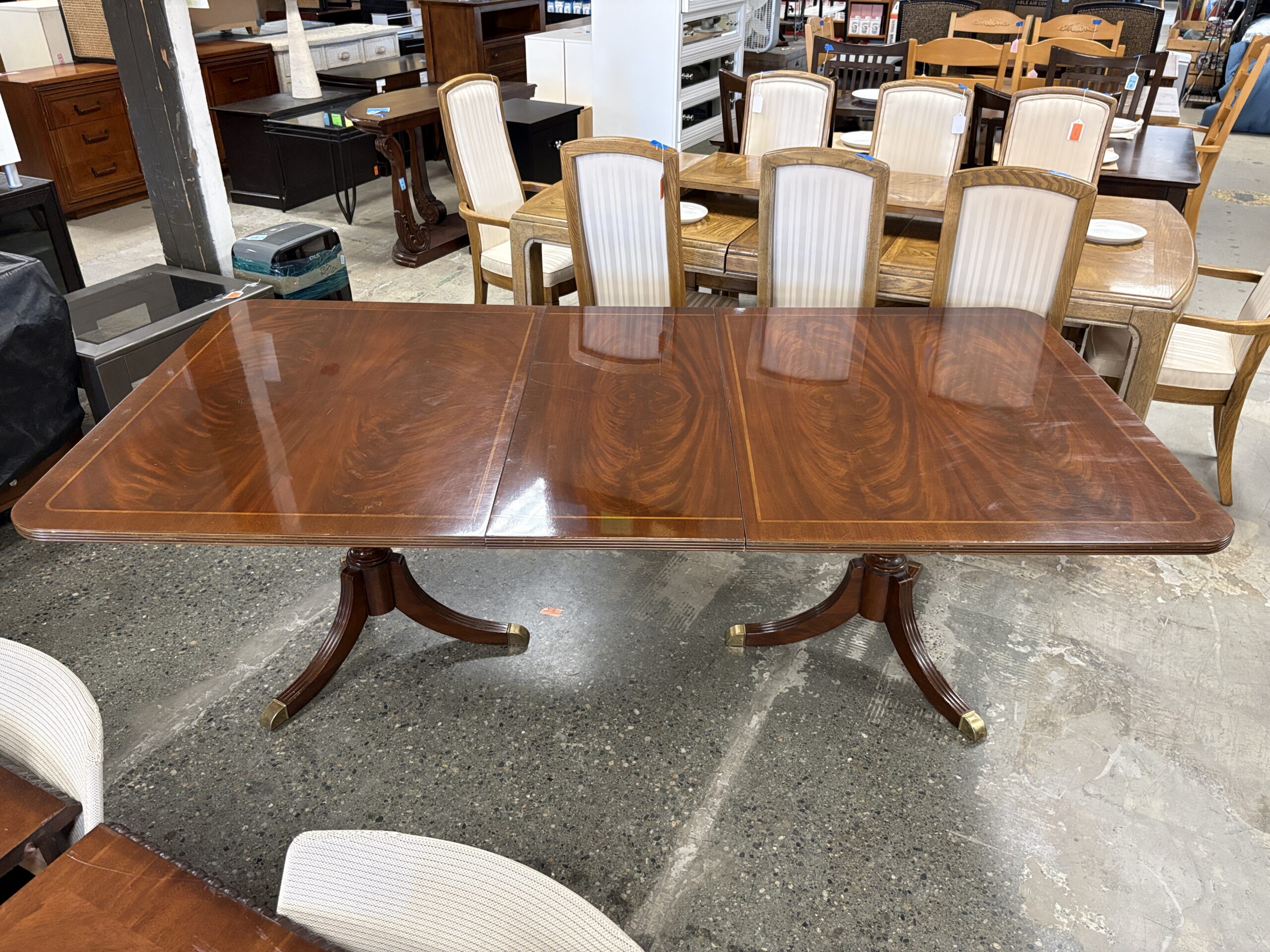 BERNHARDT Flame Mahogany Chippendale Extension Table w/ 6 Red Upholstered Chairs