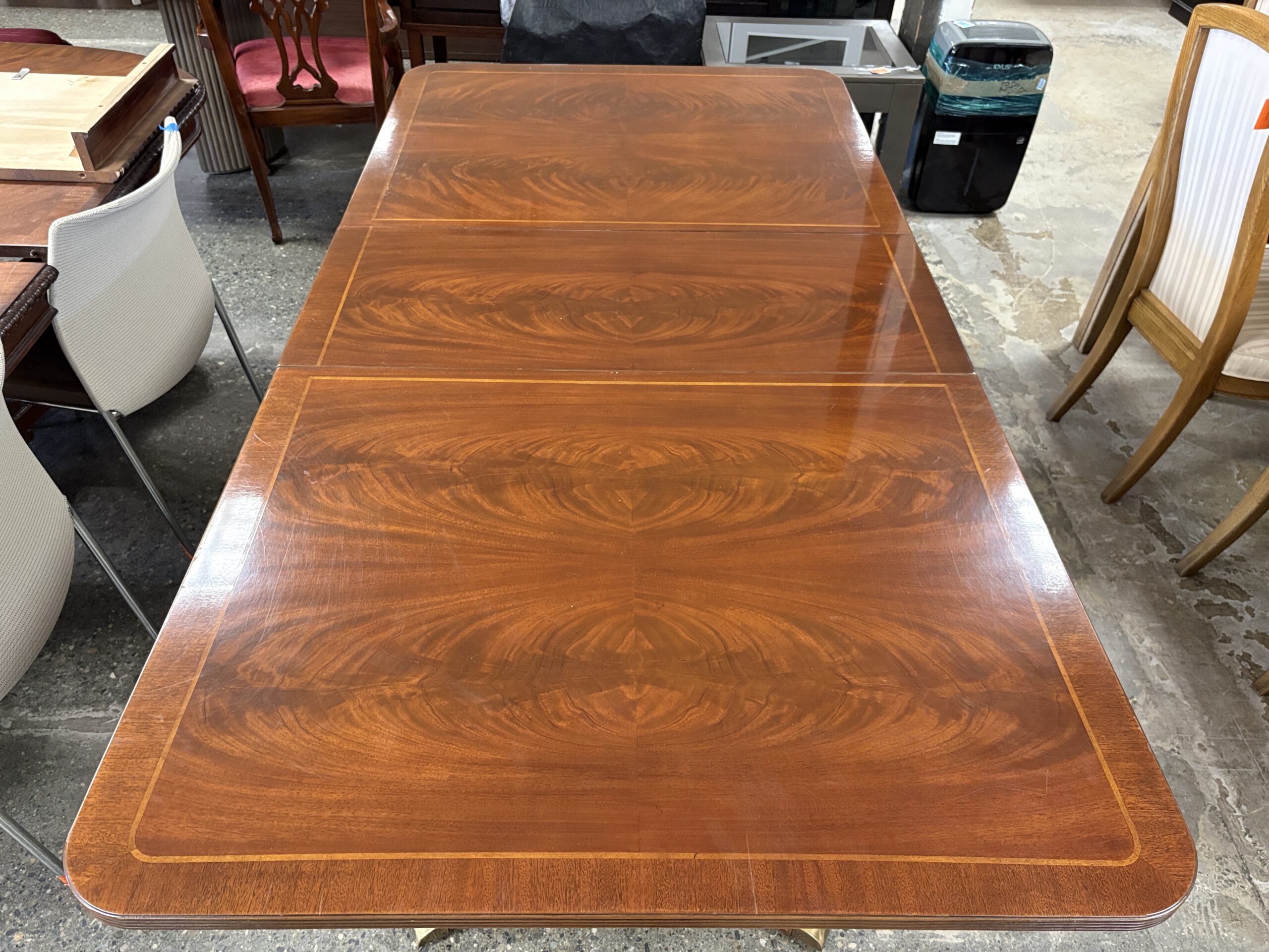 BERNHARDT Flame Mahogany Chippendale Extension Table w/ 6 Red Upholstered Chairs