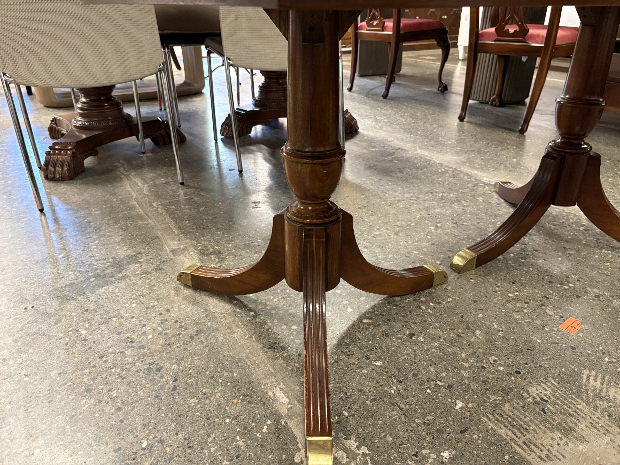 BERNHARDT Flame Mahogany Chippendale Extension Table w/ 6 Red Upholstered Chairs