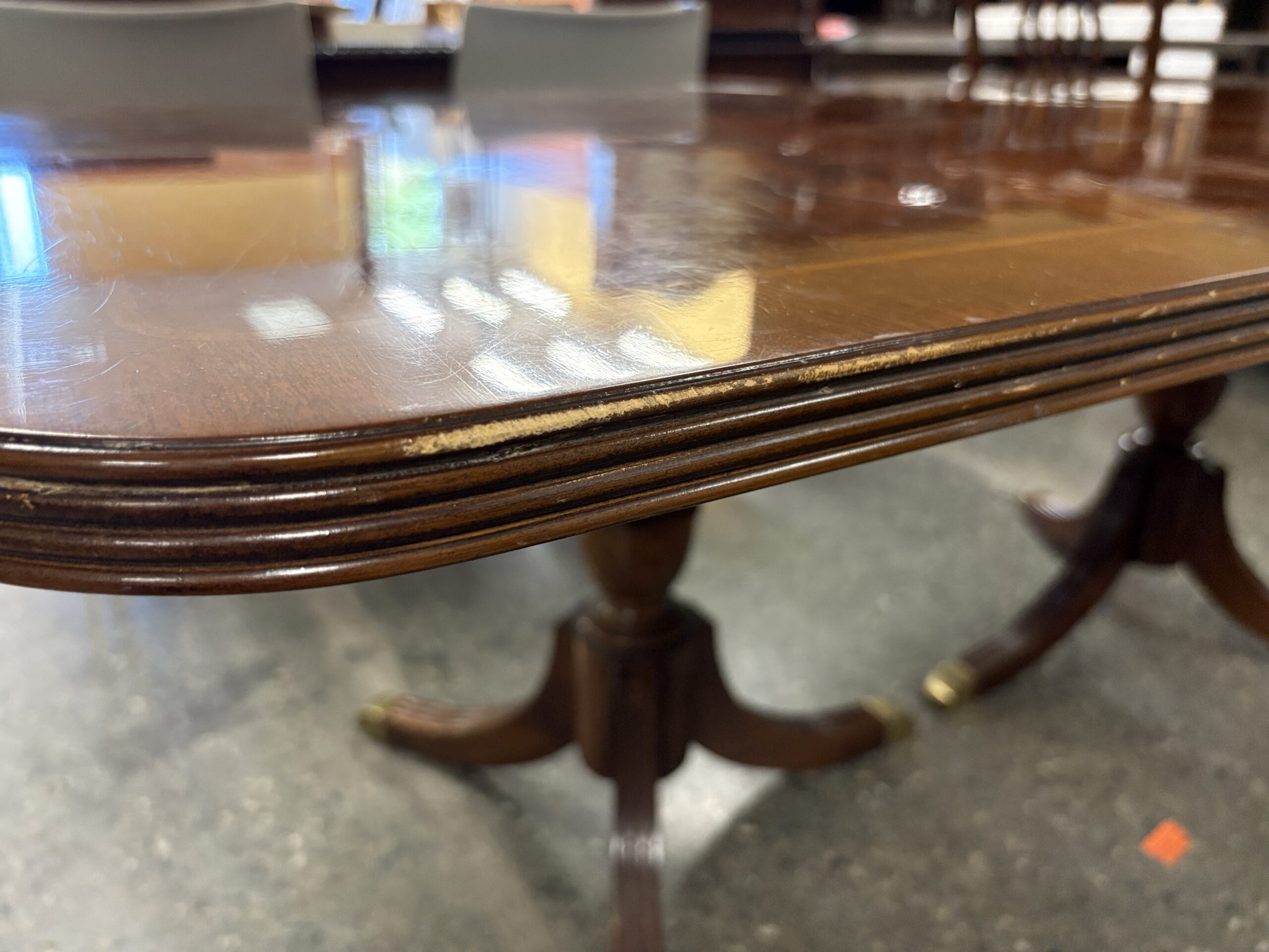 BERNHARDT Flame Mahogany Chippendale Extension Table w/ 6 Red Upholstered Chairs