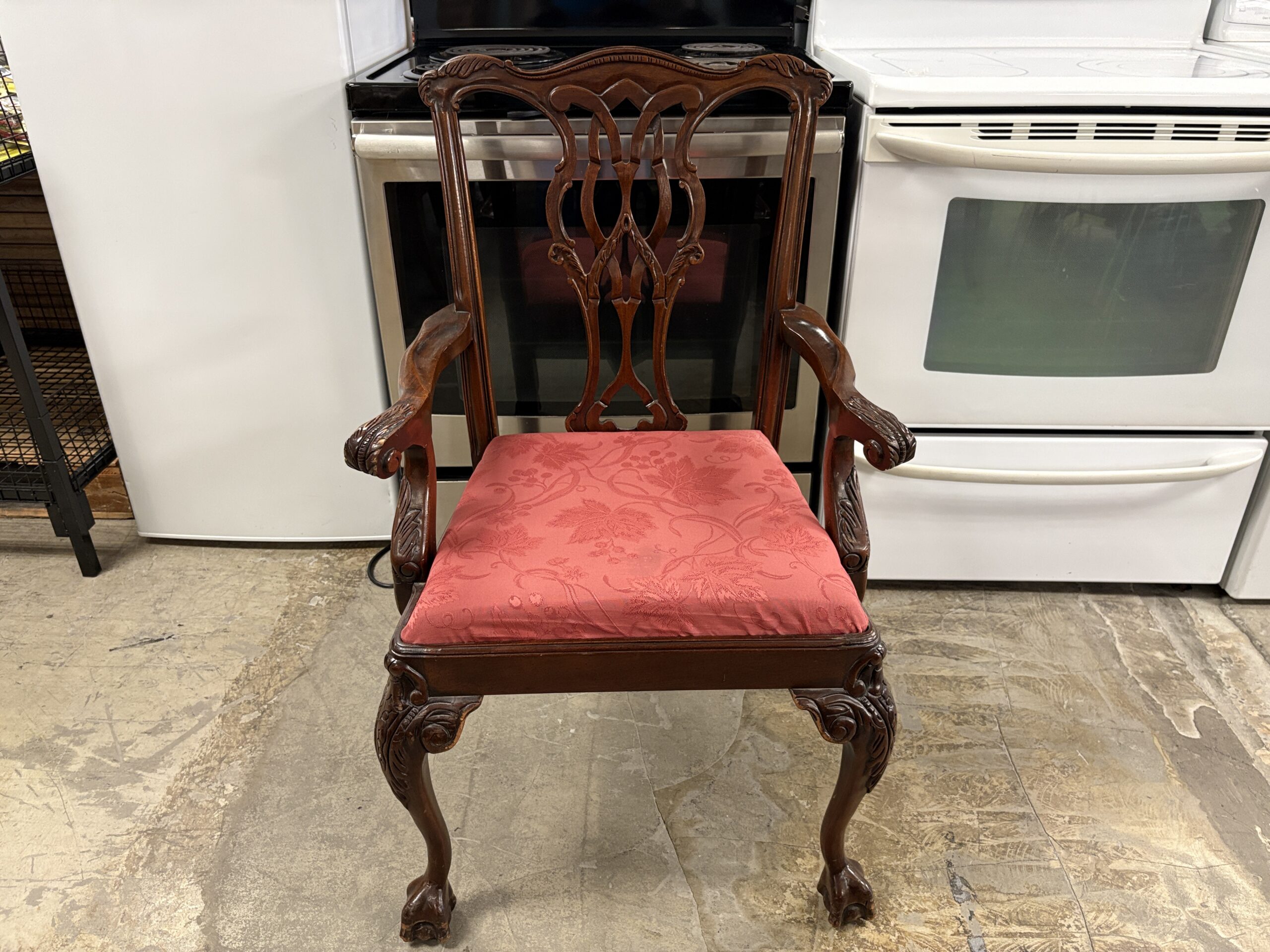 BERNHARDT Flame Mahogany Chippendale Extension Table w/ 6 Red Upholstered Chairs