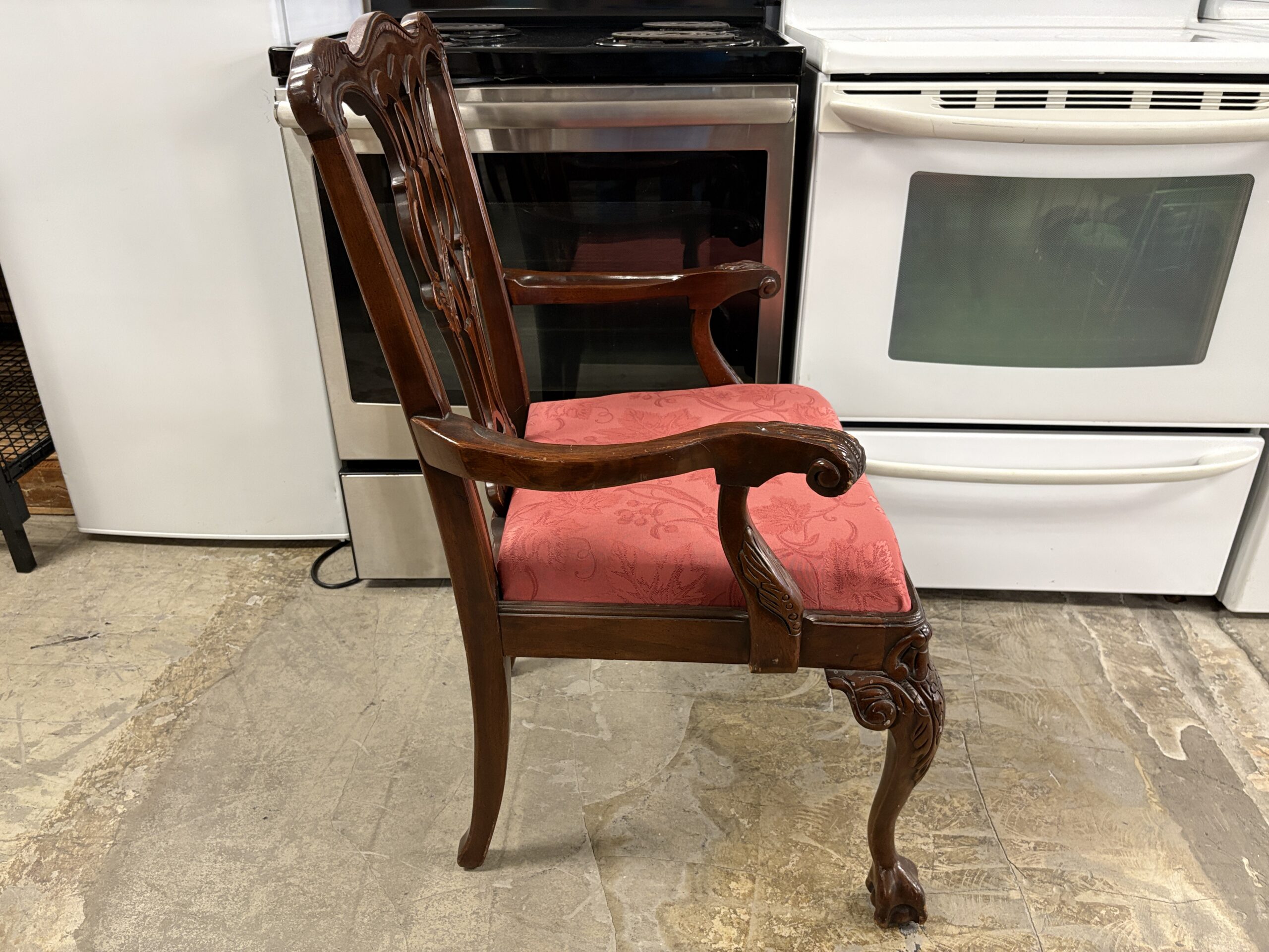 BERNHARDT Flame Mahogany Chippendale Extension Table w/ 6 Red Upholstered Chairs