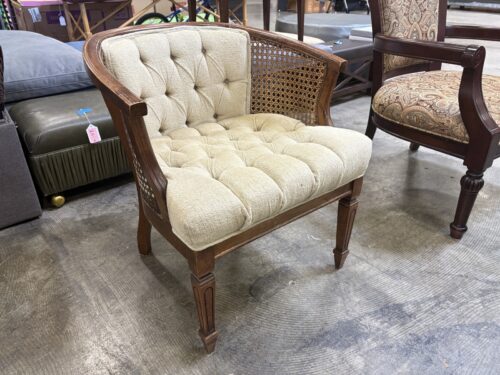 Vintage Cane Sided Barrel Accent Chair with Button Tufted Beige Upholstery
