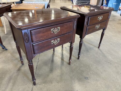 ETHAN ALLEN Vintage Georgian Court Collection Cherry 2 Drawer Nighstands with Brass Hardware and Decorative Rosette Accents (Set of 2)