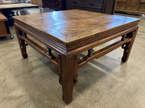 Antique Rustic Wooden Chinoiserie Coffee Table with Carved Apron and Pillar Strut Motifs