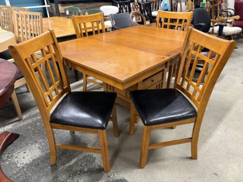 Honey Oak Arts & Crafts Extension Table w/ Lower Storage & 4 Black Upholstered Chairs